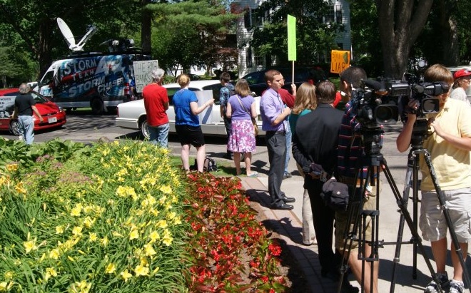 Press and protestors outside the governor's mansion (source: Leslie Peterson)