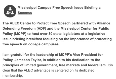 ALEC's Center to Protect Free Speech Newsletter Item (Obtained by CMD through a public records request.)