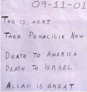 The letter sent to Tom Brokaw by the anthrax attacker