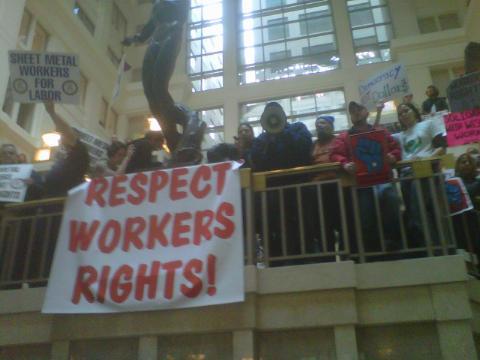 Respect Workers Rights! DC protesters cram into The Homer Building's rotunda to protest BGR Group's hosting of a fundraiser for the Republican Party of Wisconsin