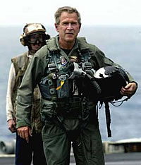 Bush in flight suit on the USS Abraham Lincoln