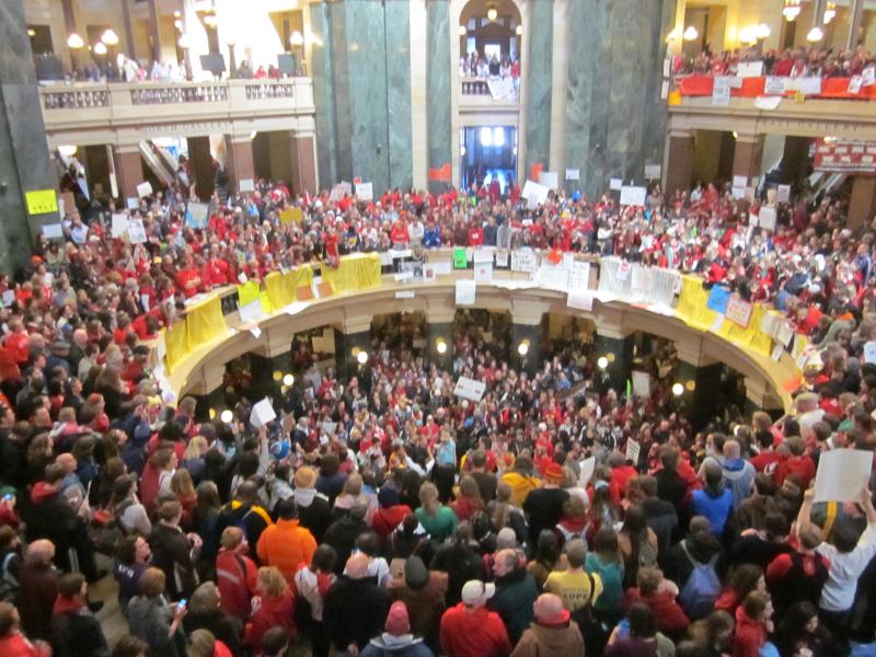 Wisconsin state capitol rotunda packed with protestors