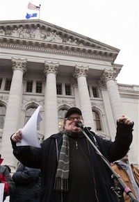 Michael Moore speaking in front of Wisconsin State Capitol