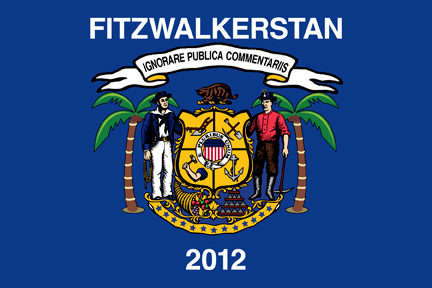 Wisconsin flag altered to have palm trees, saw Fitzwalkerstan, and "ignore public comment" in latin.