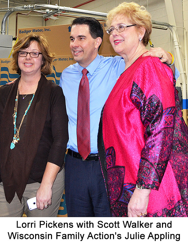 Photo of Lorri Pickens with Scott Walker and Wisconsin Family Action's Julie Appling.