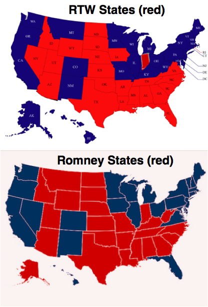 Right-to-work versus Romney states